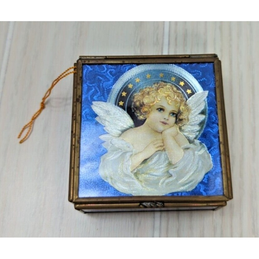 Enesco Blue Glass Brass Thomas‎ Cathey Angel Trinket Jewelry Box Mirror Vintage